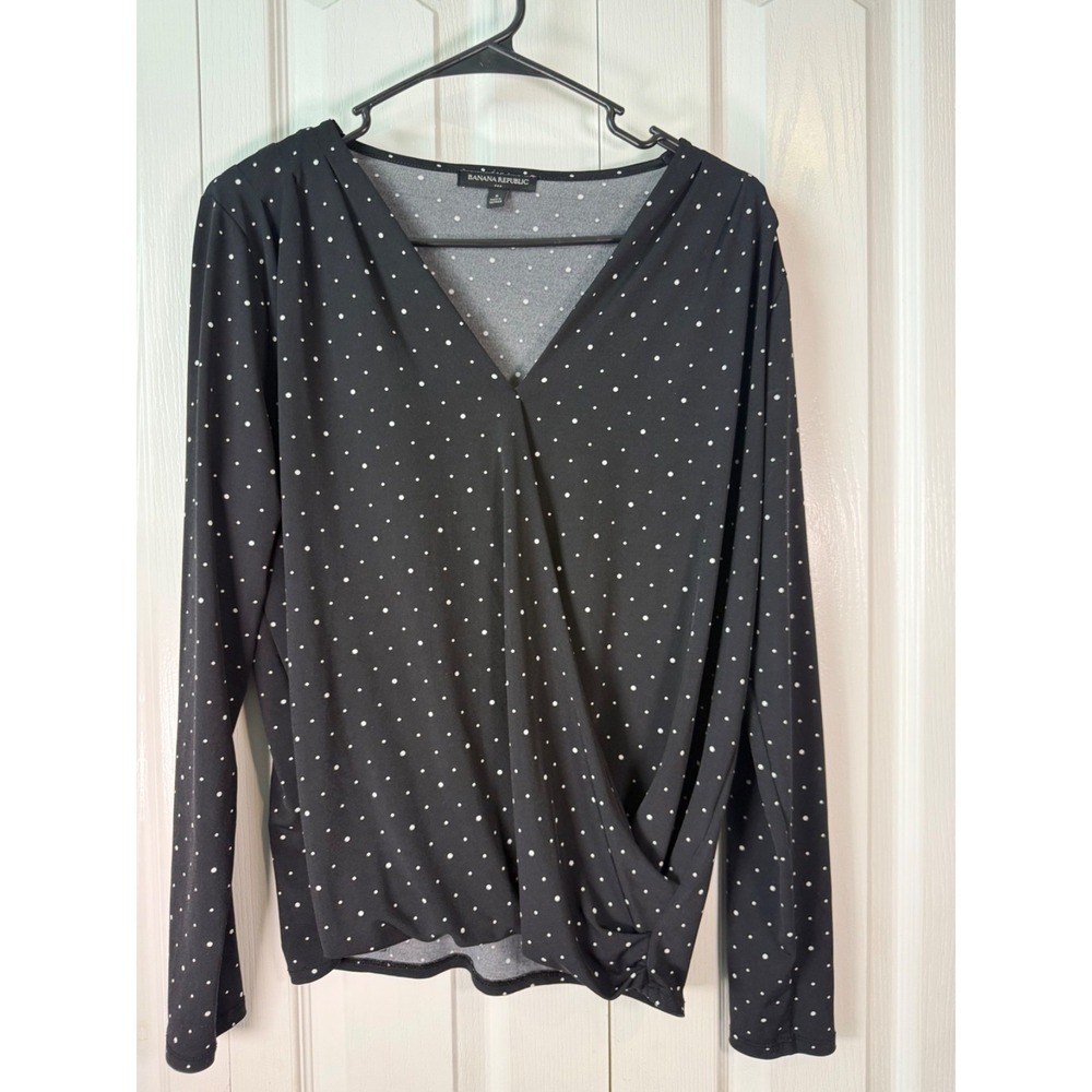 Banana Republic Womens Blouse Small Black White Polka Dot Long Sleeve Surplice V